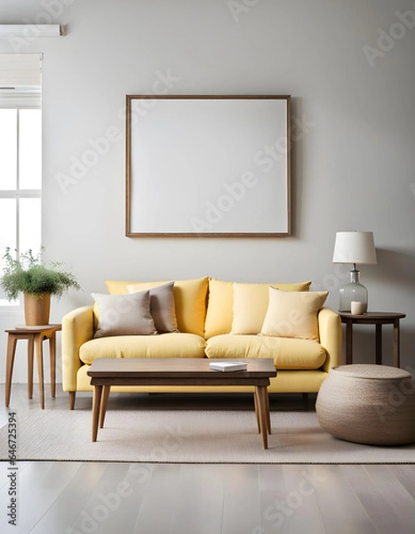 Fototapeta Simple interior design of a modern living room with a pastel yellow fabric sofa and cushions and a blank poster frame.
