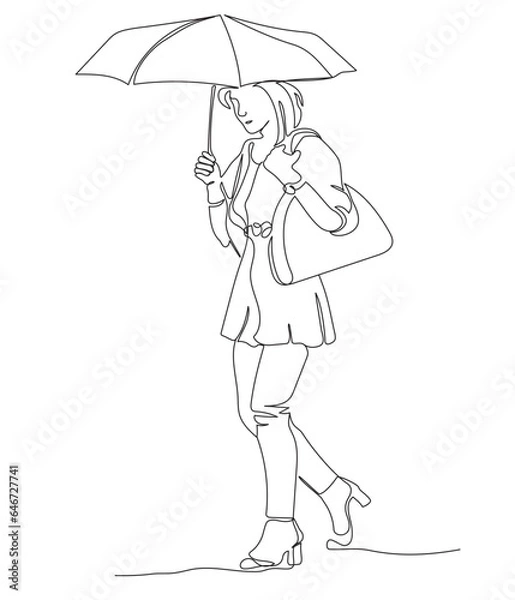 Fototapeta Woman holding umbrella on bad weather day. Raining. Single line drawing. Black and white vector illustration in line art style.