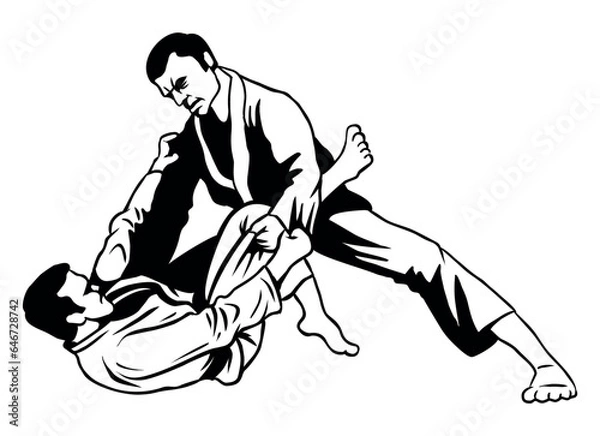 Obraz Line art illustration, two men training Jiu Jitsu. Isolated on white background.
