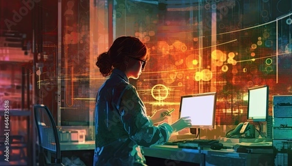 Fototapeta Confident female scientist working on computer in chemical laboratory.