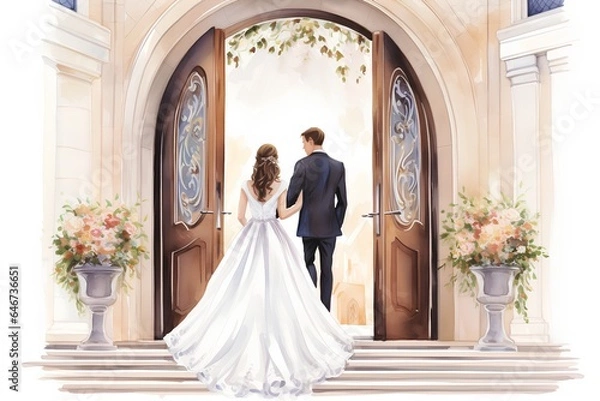 Obraz Bride and groom on the background of the arch. Wedding concept.