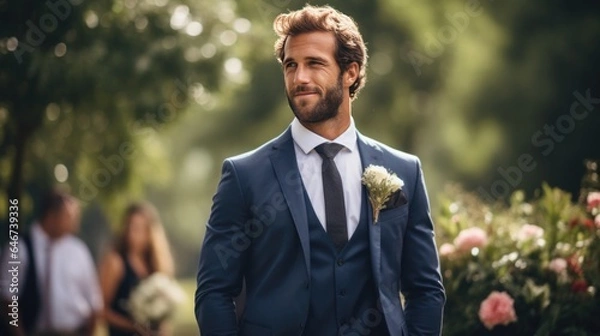 Fototapeta A candid summer wedding photo of the groom looking his bride, surrounded by nature, exudes his authentic happiness, capturing this milestone moment