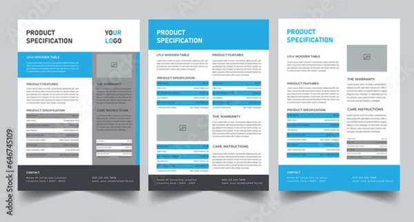 Obraz Product Specification Sheet Layout with Blue and Black Design