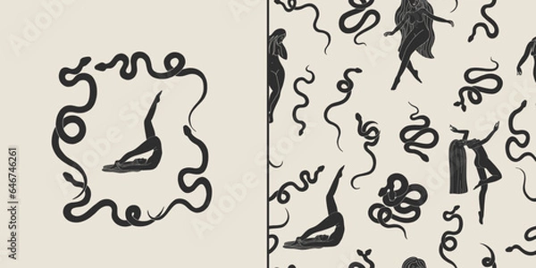 Fototapeta magical forest elements. images of a snake, night moth, fly agaric mushrooms, plant and space elements. Ideal for printing on fabric or clothing, wallpaper and wrapping paper