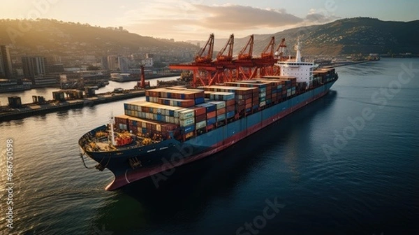 Fototapeta Loading and unloading of container ships at sea port, Sunset view