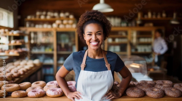 Fototapeta Happy smiling woman working at a donut and bagel store, small business owner