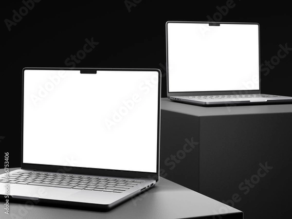 Fototapeta Close up of two empty white laptop display on podium. Tech presentation and device concept. two Mock up, 3D Rendering.