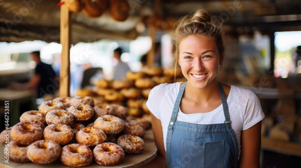 Fototapeta Happy smiling woman working at a donut and bagel store, small business owner