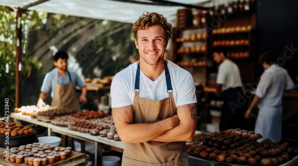 Fototapeta Man wearing apron standing in front of outdoor restaurant, catering, party function