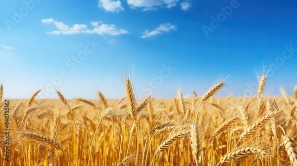 Fototapeta Beautiful field of ripe wheat of golden color against blurred background of blue sky