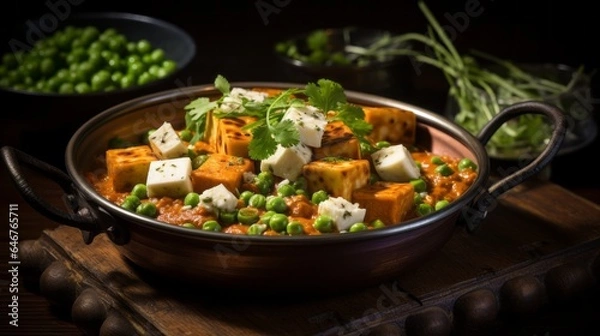Fototapeta Delicious Matar Paneer with Indian cottage cheese aka Paneer and peas cooked in a spicy and flavorsome curry