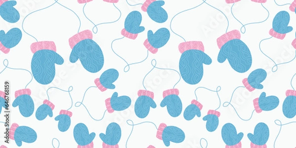 Fototapeta Cute blue mitten seemless pattern. Vector flat illustration. Background for Winter template, Holiday decoration, Banner, Poster, Card, Print, Textile. Seasonal warm clothes ans accessories.