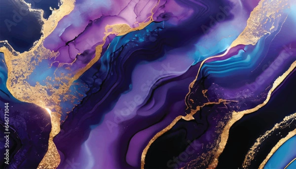 Fototapeta Abstract luxury fluid art painting in alcohol ink technique, Imitation of marble stone cut and mixture of blue and purple paints, glowing golden veins vector illustration.