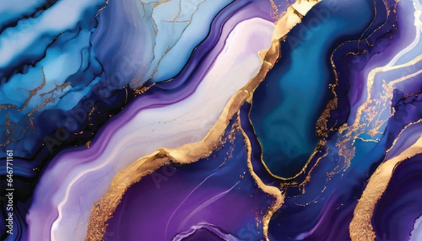 Fototapeta Abstract luxury fluid art painting in alcohol ink technique, Imitation of marble stone cut and mixture of blue and purple paints, glowing golden veins vector illustration.
