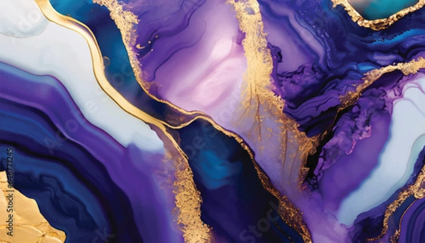 Obraz Abstract luxury fluid art painting in alcohol ink technique, Imitation of marble stone cut and mixture of blue and purple paints, glowing golden veins vector illustration.
