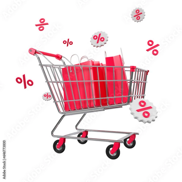 Obraz Chrome shopping trolley with red bags and flying percentages. Christmas and New Year's Day event concept. Concept of sale event or promotion great discount. 3d rendering.