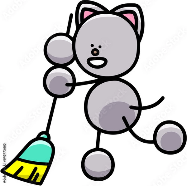 Obraz ほうきで掃除をするにゃんまるのイラスト(左右反転バージョン)　猫
