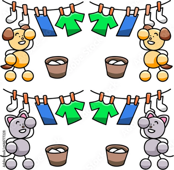 Obraz 洗濯を干すわんまるとにゃんまるのイラストセット　犬　猫