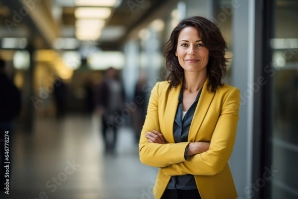 Obraz Portrait of successful business woman inside office, standing with arms crossed