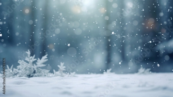 Fototapeta Winter snow background with snow-covered trees in the forest. Snow fall with bokeh
