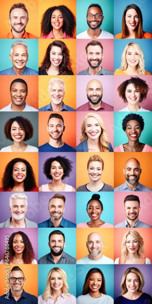 Fototapeta Photo collage portrait of multiracial smiling people with different ages looking at camera. Mosaic of happy modern faces. 