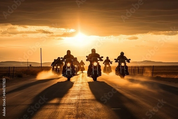 Fototapeta Group of bikers man riding speed motorcycle on empty motion road against beautiful golden sunset with dusky sky. Collective of motorcyclist cruising together.