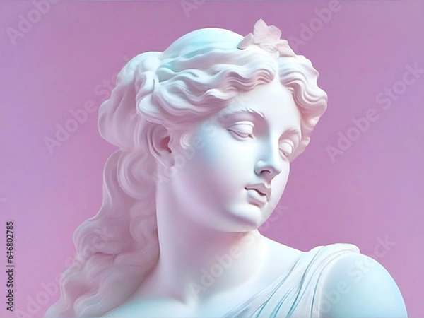 Fototapeta Statue of the head of beautiful woman in a pensive pose on a pink background.