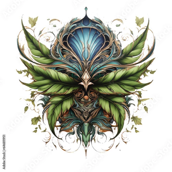 Fototapeta A dramatic and powerful marijuana leaf t-shirt design inspired by mythology, depicting a cannabis leaf transformed into a mythical creature with wings, Generative Ai
