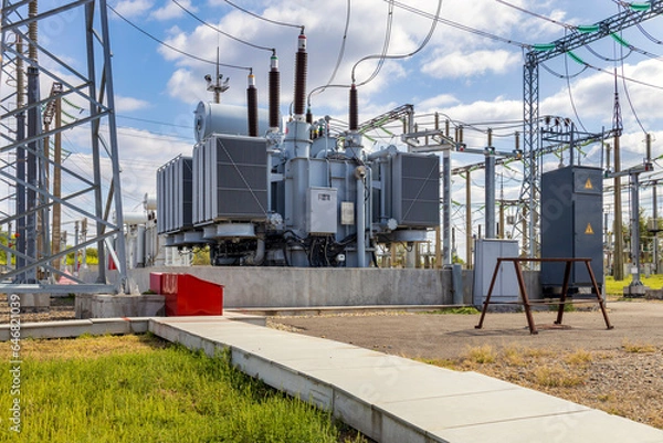 Fototapeta high voltage substation on a blue sky background with switches and disconnectors.