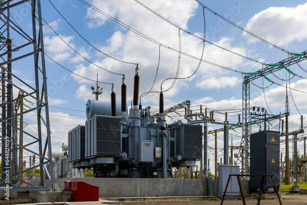 Fototapeta Three-phase high-voltage transformer of high electrical power at a substation against the blue sky.