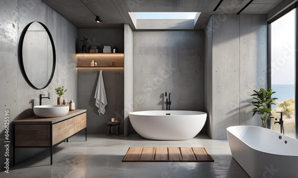 Fototapeta Minimalist style interior design of modern bathroom with concrete wall. AI generative.
