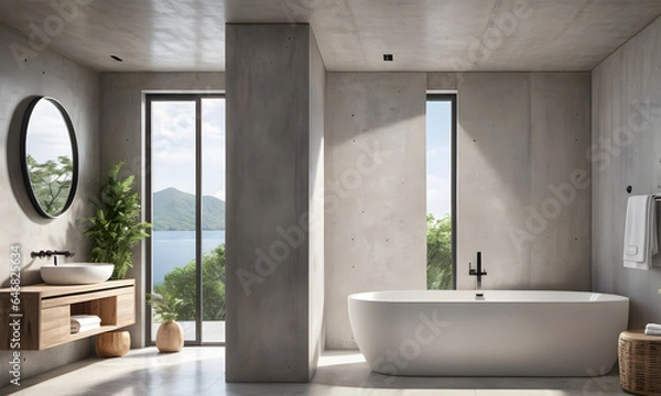 Fototapeta Minimalist style interior design of modern bathroom with concrete wall. AI generative.
