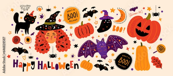 Obraz Happy Halloween illustration.  Vector Halloween collection with cute symbols of Halloween