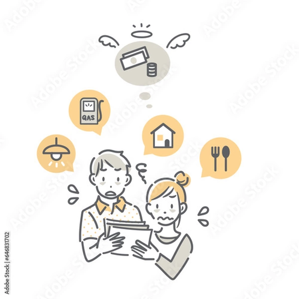 Fototapeta いろいろな値上げに苦しむ若い夫婦　シンプルでお洒落な線画イラスト