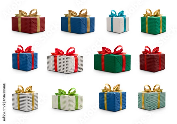 Fototapeta A collection of red, blue  and green gift wrapped Christmas, birthday or valentines presents with red and gold ribbon bows isolated against a transparent background.