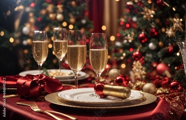 Fototapeta christmas eve party table with champagne flute with red and golden glitter