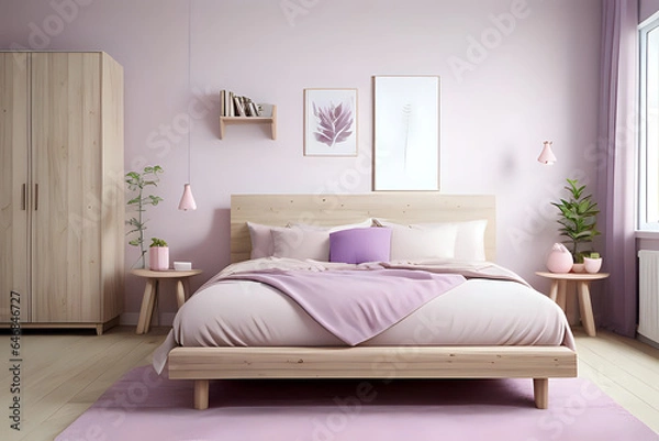 Fototapeta Cozy sustainable bedroom in natural colors with wooden shelf and two poster mockups. Stylish pink and calm purple