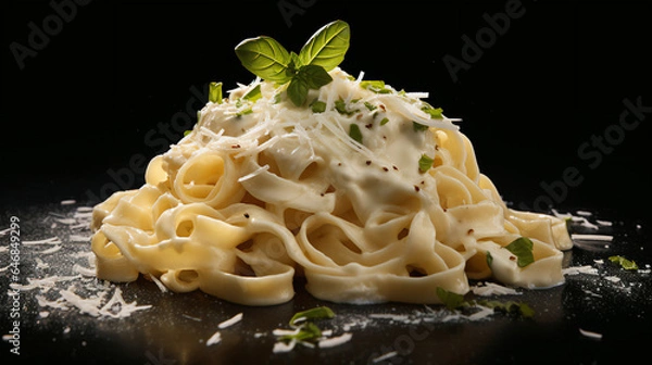 Fototapeta fettuccine alfredo with parmesan cheese isolated on black background. Generative AI.