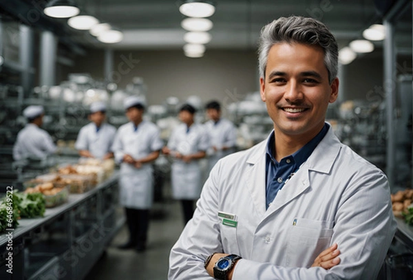 Obraz successful food factory man manager in sterile uniform with arms crossed smiling at the camera. hair net
