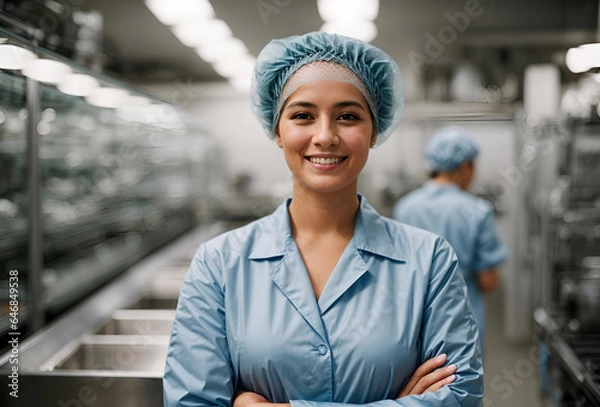 Obraz successful food factory women manager in sterile uniform with arms crossed smiling at the camera. hair net