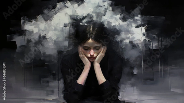 Fototapeta painting of a woman with anxiety and depressed emotions, Generative AI