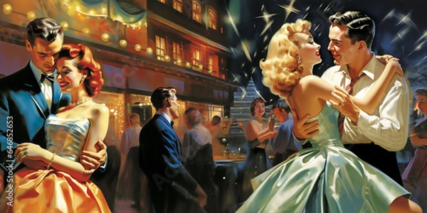 Fototapeta dance party, beautiful women and men dancing in pairs. illustrations in retro fifties style. Generative Ai