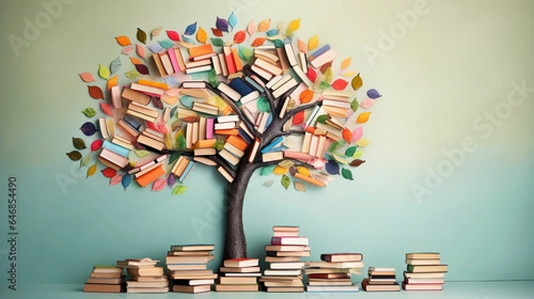 Fototapeta International literacy day concept with tree with books like leaves.