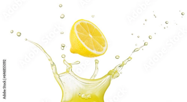 Obraz Half lemon falling into a crown shaped yellow juice splash isolated on white background.