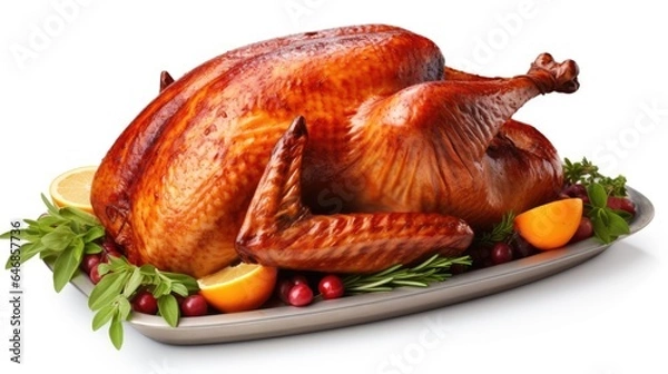 Fototapeta Thanksgiving roasted crispy turkey with rosemary herbs and lemon , isolated on white background