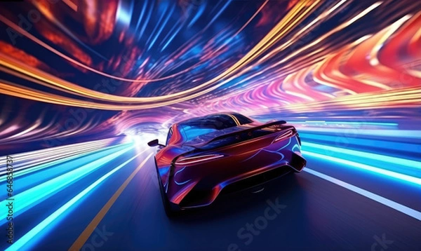 Fototapeta Futuristic car speeding through neon-lit tunnel.