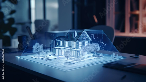 Fototapeta concept holo 3d render model of a small living house on a table. Generative AI