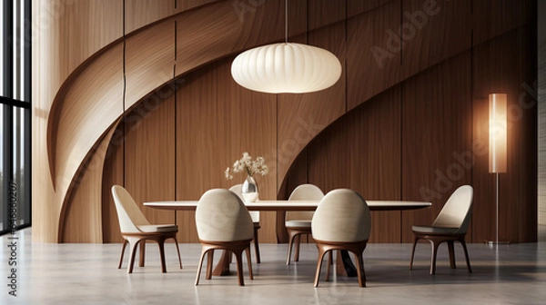 Fototapeta Minimalist interior design of modern dining room with abstract wood paneling arched wall. Generative AI