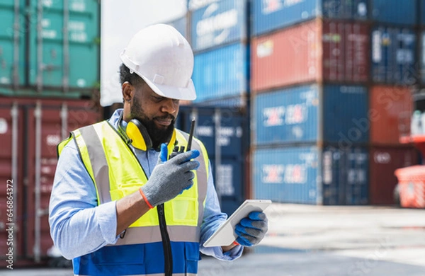 Fototapeta Portrait of Bearded man loading worker in reflection vest while standing in front of a shipping yard