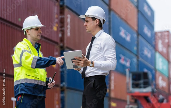 Fototapeta Dock workers inspecting container shipping in the distribution warehouse